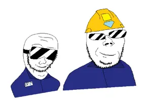 feraljak, gapejak, wholesome soyjak, 2soyjaks, bald, blue shirt, clothes, construction worker, gem, glasses