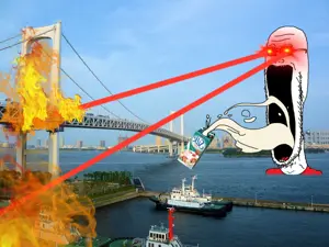 soyak, soyak soymilk, boat, bridge, clothes, drinking, fire, glasses, glowing eyes, laser