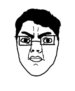 chudjak, chudjak front, 1soyjak, angry, big chin, black hair, bushy eyebrows, closed mouth, eyebrows, face only