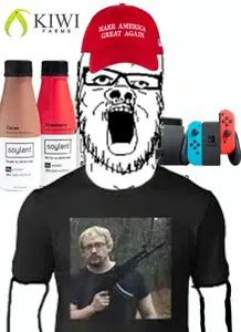 donald trump, a24 slowburn soyjak, arm, baseball cap, bottle, cap, clothes, drink, glasses, hat