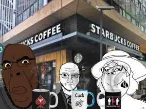 cobson, gapejak, soyak, female gapejak, wholesome soyjak, femjak, 3soyjaks, black skin, building, closed mouth