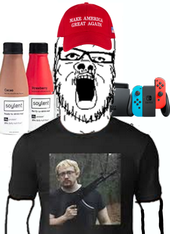 a24 slowburn soyjak, 1soyjak, arm, clothes, drink, english text, glasses, gun, maga, maga hat