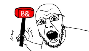 yurjak, arm, banhammer, forehead lines, glasses, hands, nose, open mouth, stubble, teeth