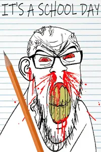 feraljak, feralrage, its over, 1soyjak, blood, bloodshot eyes, cracked teeth, ear, english text, looking at you