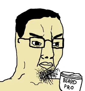 chudjak, beard, beard pro, brown skin, closed mouth, glasses, hair, soyjak, stubble, text
