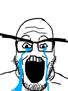 markiplier soyjak, bald, bushy eyebrows, crying, eyebrows, forehead lines, glasses, looking at you, open mouth, soyjak