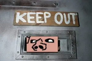 impish soyak ears, impish amerimutt, door, keep out, sign, text
