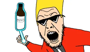 yurjak, blonde hair, bottle, drink, glasses, gray shirt, hair, necktie, open mouth, red jacket