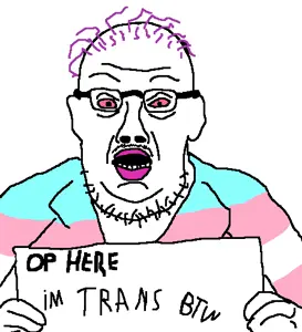 trumpjak, chin, double chin, glasses, hands, holding object, lipstick, purple hair, shirts, sign