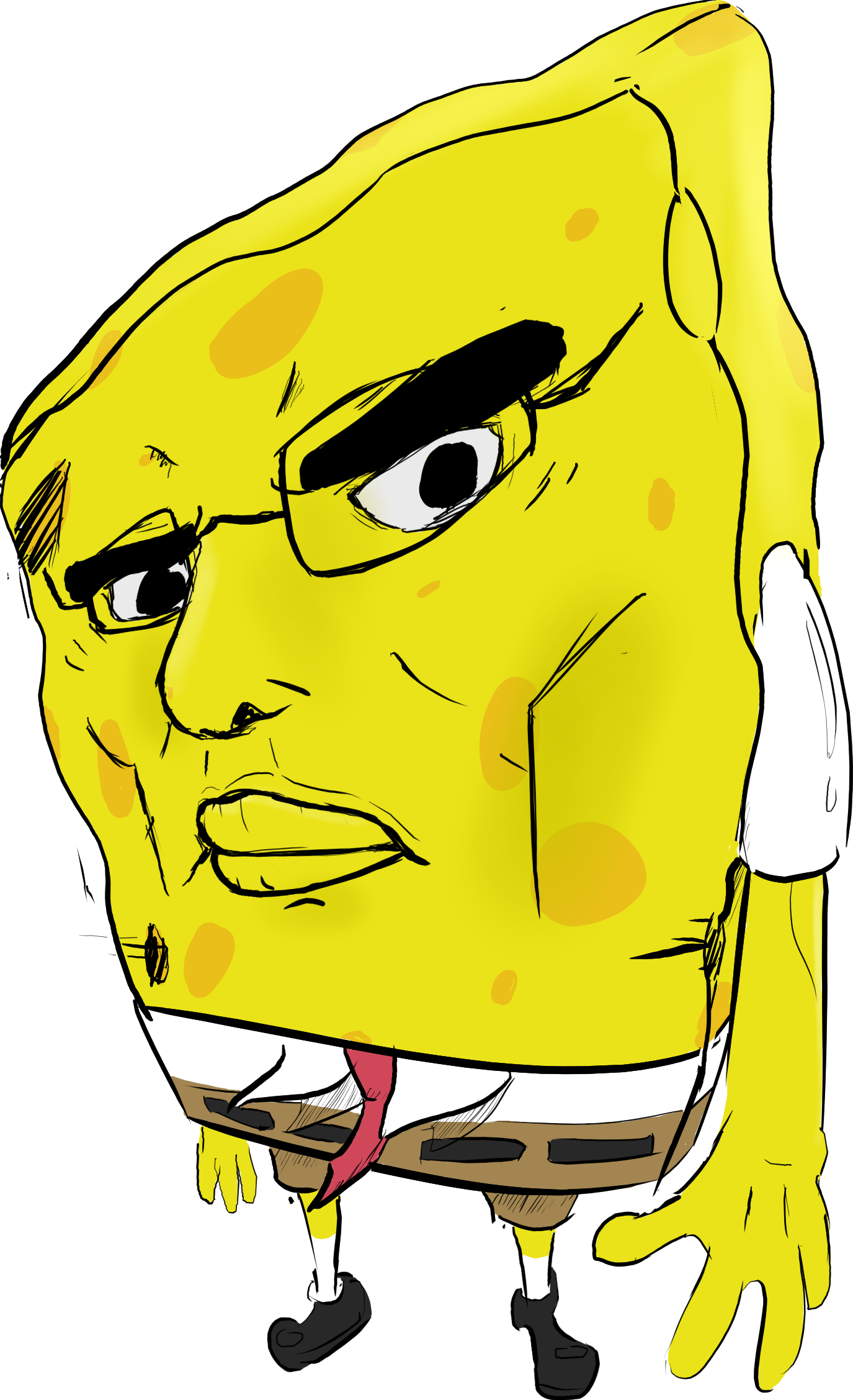 spongebob squarepants, chudjak, chudjak front, angry, arm, black belt, brown pants, bushy eyebrows, closed mouth, full body