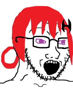 soyak, anime, glasses, hair, open mouth, ornament, soyjak, stubble, satania