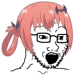 soyak, anime, glasses, hair, open mouth, ornament, soyjak, stubble, satania