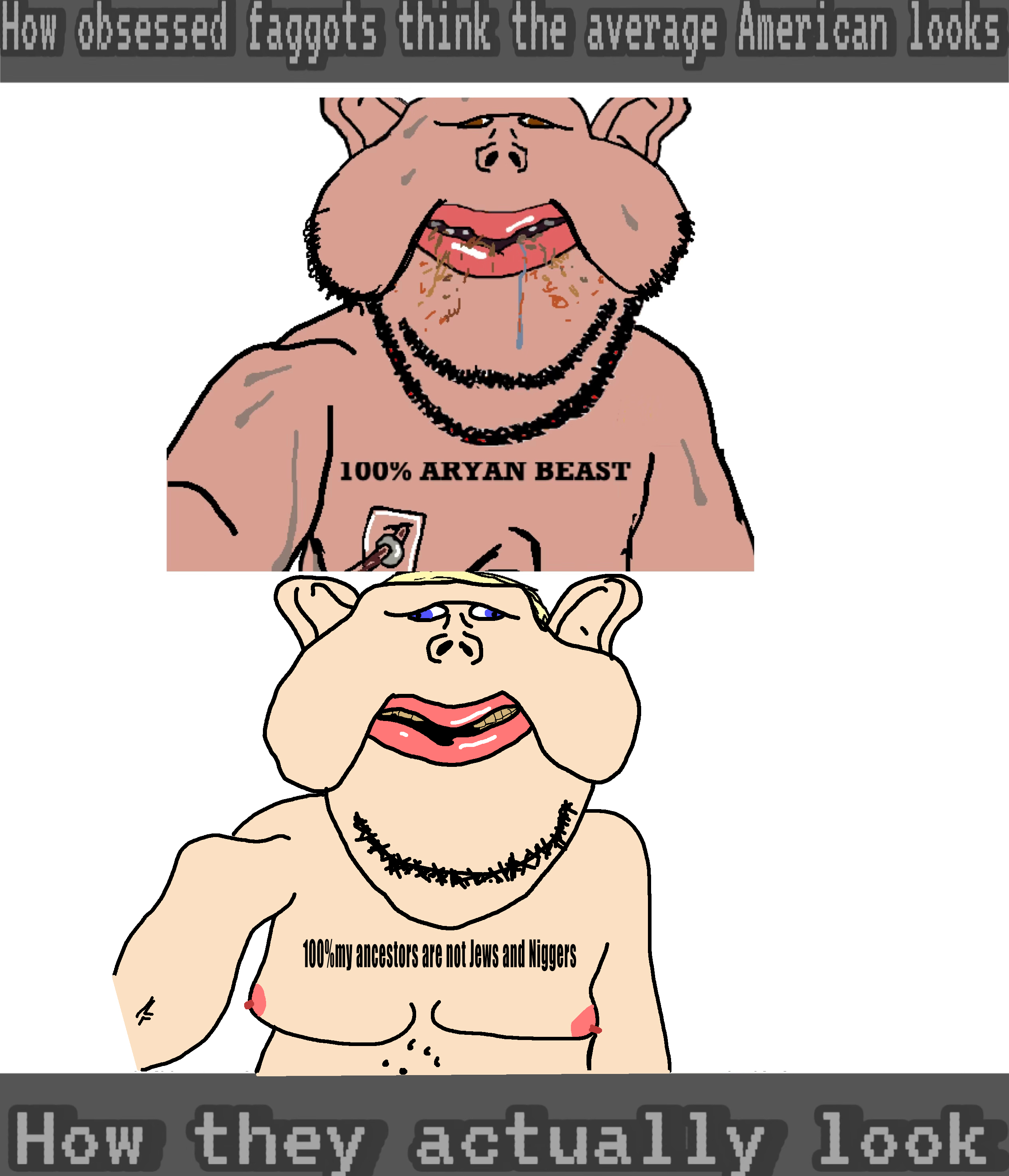 impish soyak ears, impish amerimutt, impish front, amerimutt, aryan, a10 eyes, aryan beast, blonde hair, blue eyes, fat