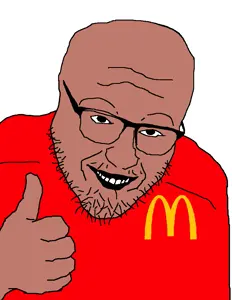 lev myskin, amerimutt, brown skin, closed mouth, glasses, grin, hands, mcdonalds, red shirt, stubble
