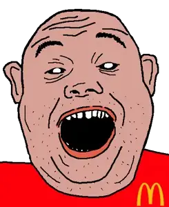 alicia, amerimutt, black sclera, clothes, ear, hair, mcdonalds, open mouth, red shirt, soyjak