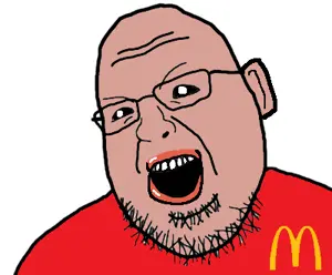 shotjak, amerimutt, black sclera, brown skin, ear, glasses, mcdonalds, open mouth, red shirt, soyjak