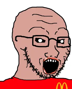 soyak, amerimutt, black sclera, brown skin, clothes, glasses, lips, mcdonalds, open mouth, red shirt