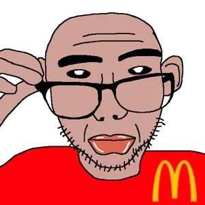 sobot, amerimutt, brown skin, closed mouth, clothes, ear, glasses, hands, mcdonalds, red shirt