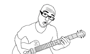 unknown, arm, bushy eyebrows, clothes, drink, glasses, guitar, half open mouth, holding object, soy