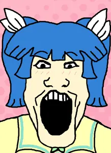 markiplier soyjak, anime, blue hair, blush, pani poni, pink background, school uniform, suzuki sayaka, yellow shirt