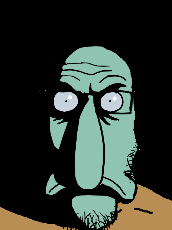 squidward tentacles, markiplier soyjak, angry, black background, blue skin, bnran, brown shirt, closed mouth, frown, glasses