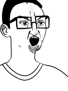 chudjak, awsome chud, 1soyjak, black eyes, clothes, ear, glasses, hair, monochrome, open mouth