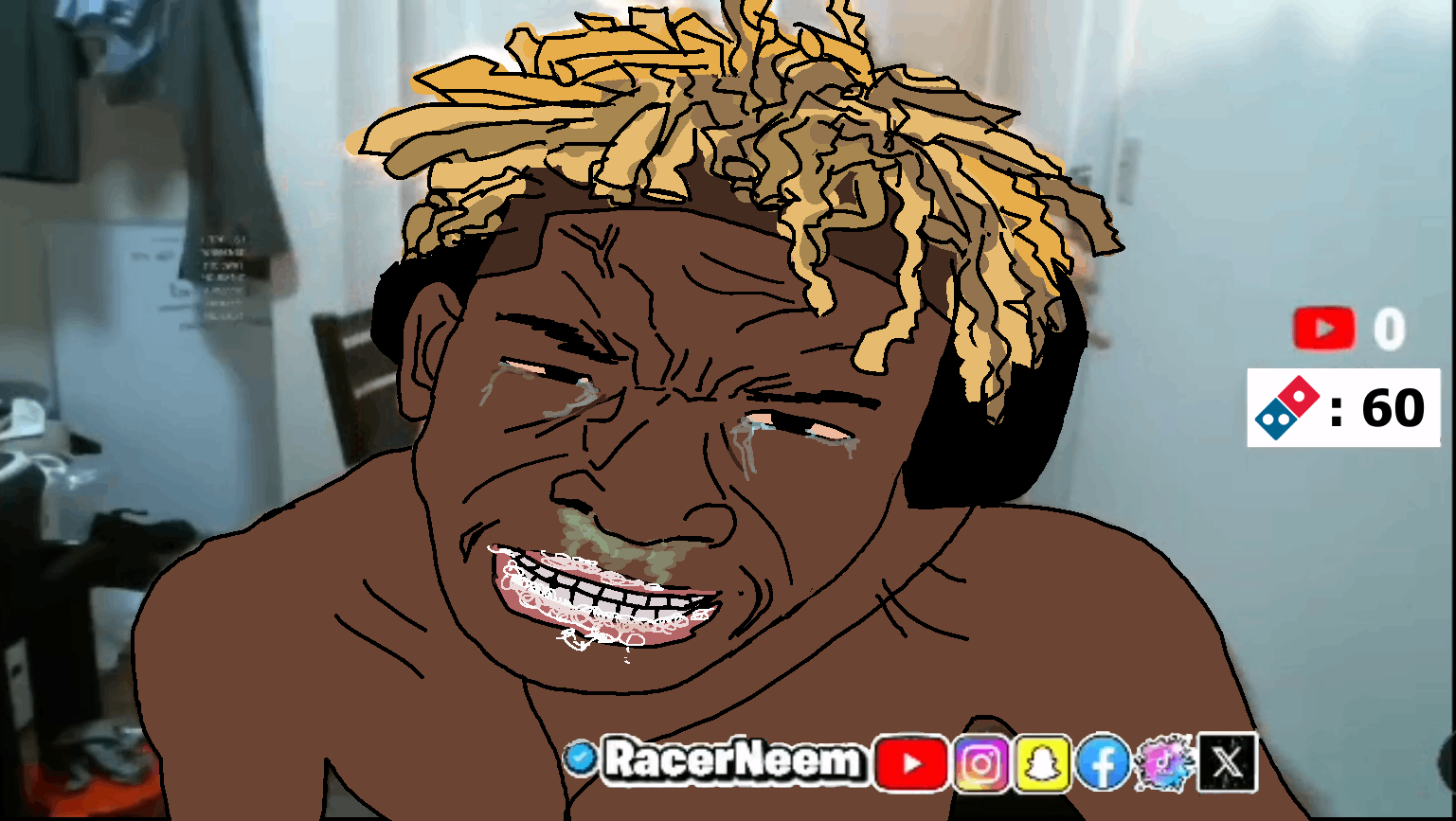 unknown, angry, blonde hair, booger, brown skin, crying, dominos pizza, flat nose, foaming at the mouth, fume