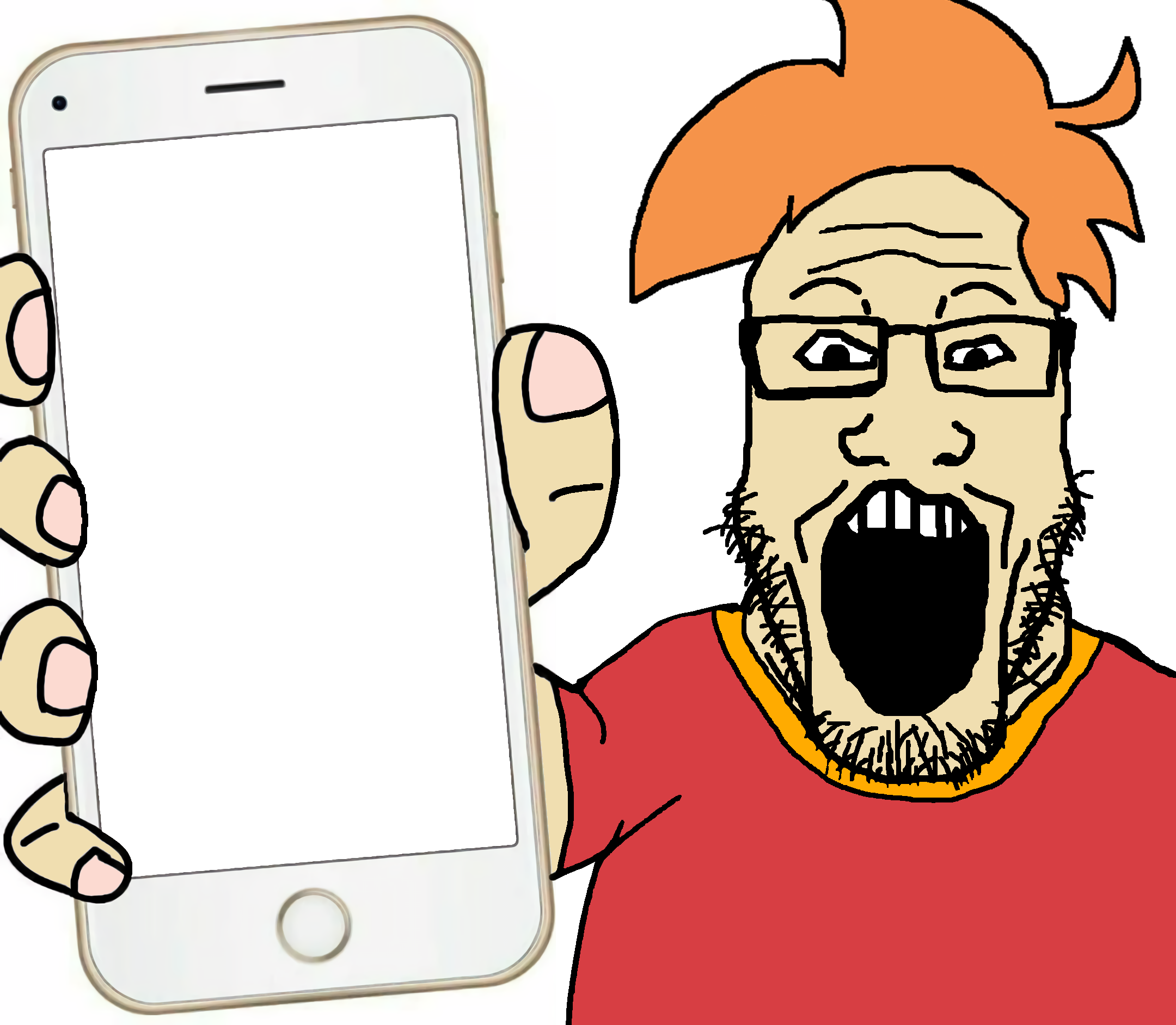 markiplier soyjak, arm, clothes, gay, glasses, hair, hands, holding object, holding phone, ls mark