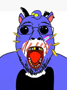 bernd, big eyes, blue skin, femboy, male, open mouth, pretty blood, pride flag, soyjak, teeth