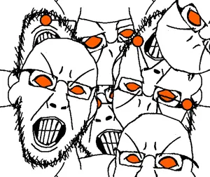 yurjak, angry, antenna, clenched teeth, closed mouth, ear, glasses, multiple soyjaks, no pupils, orange sclera