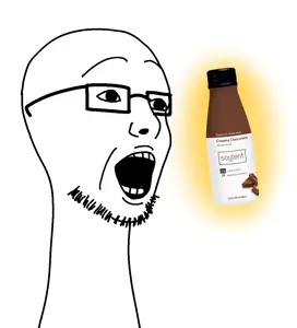 unknown, drink, glasses, glowing, open mouth, soy, soyjak, soylent, soylent (creamy chocolate), stubble