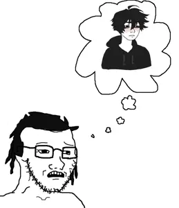 twinkjak, wojak, soyak, clothes, glasses, hair, soyjak, stubble, thought bubble, twink