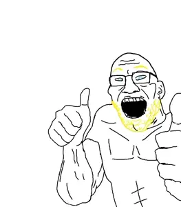 unknown, arm, blue eyes, buff, ear, glasses, open mouth, soyjak, stubble, thumbs up