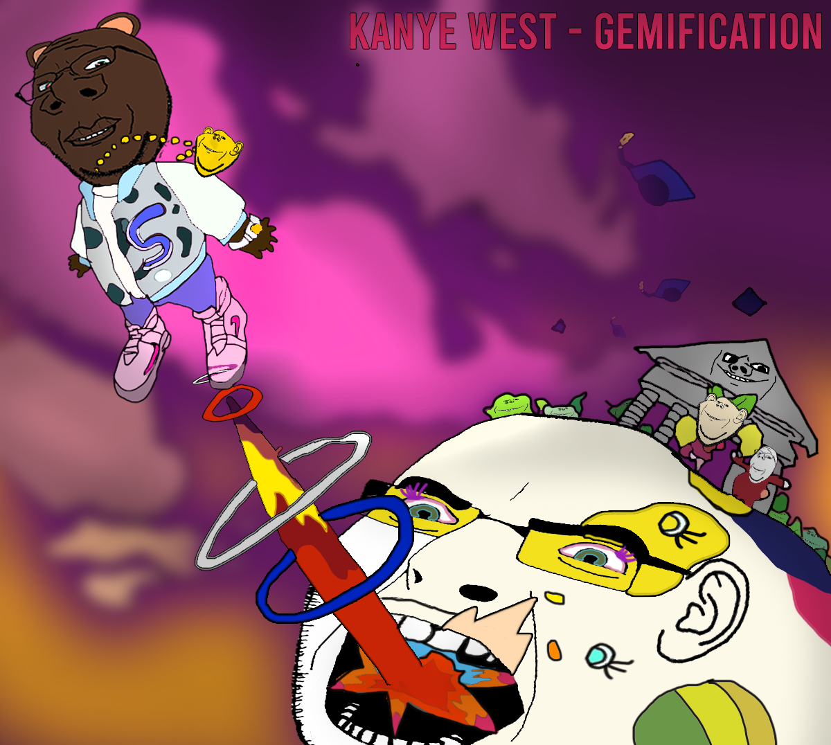 cobson, gapejak, impish soyak ears, wholesome soyjak, colorjak, album cover, bear, black skin, clothes, cloud