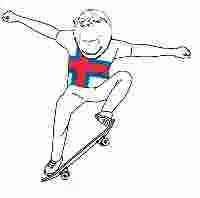 gapejak, wholesome soyjak, faroe islands, flag, full body, glasses, hair, skateboard, smile, soyjak