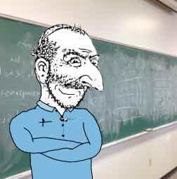 happy merchant, soyak, soyak (smug), arm, balding, big nose, blackboard, blue shirt, chalkboard, closed mouth