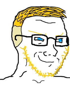 soyak, blonde hair, blue eyes, closed mouth, glasses, hair, smug, soyjak, stubble, yellow eyebrows