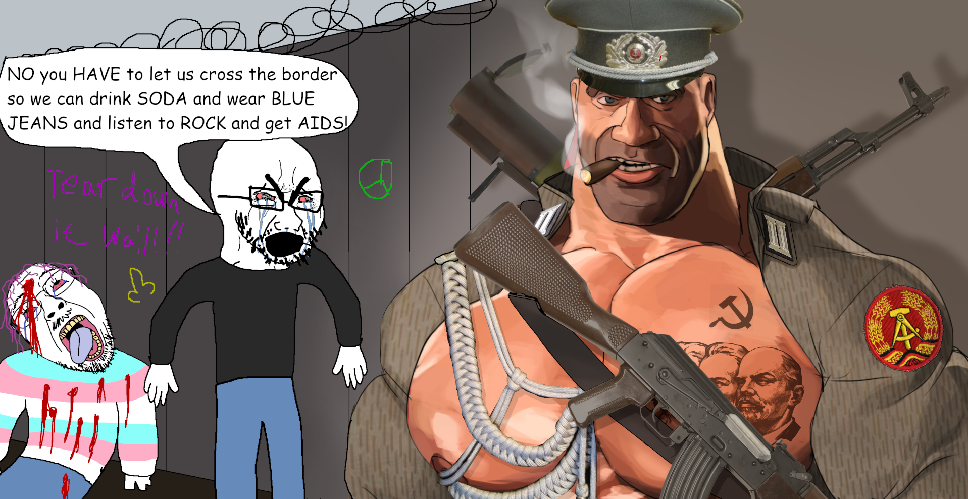 soldier (team fortress 2), bernd, cryboy soyjak, hanging troonjak, troonjak, ack, barbed wire, berlin wall, blood, bloodshot eyes