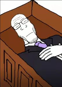 markiplier soyjak, closed eyes, closed mouth, clothes, coffin, dead, glasses, hands, necktie, soyjak