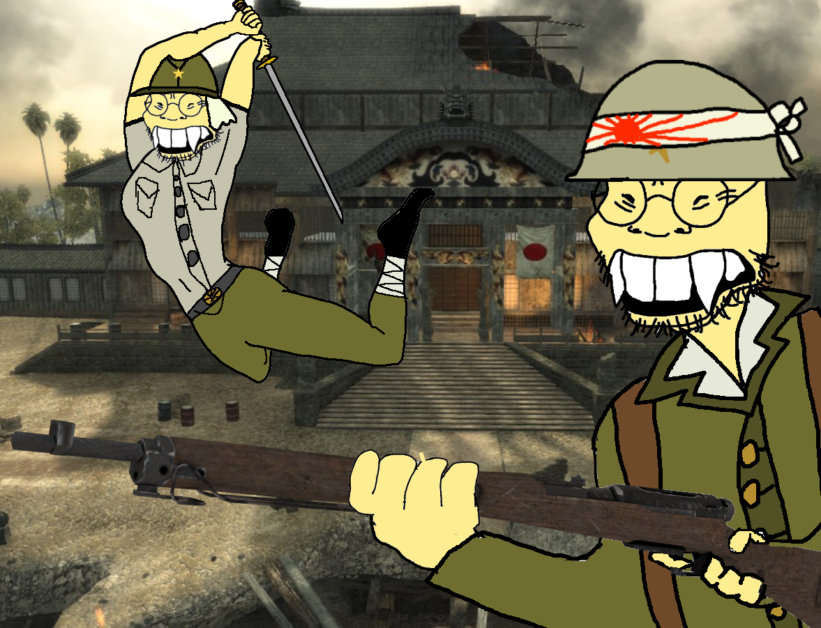 soykio kid, pettygod, 2soyjaks, arisaka rilfe, asian, cap, castle, clothes, full body, glasses