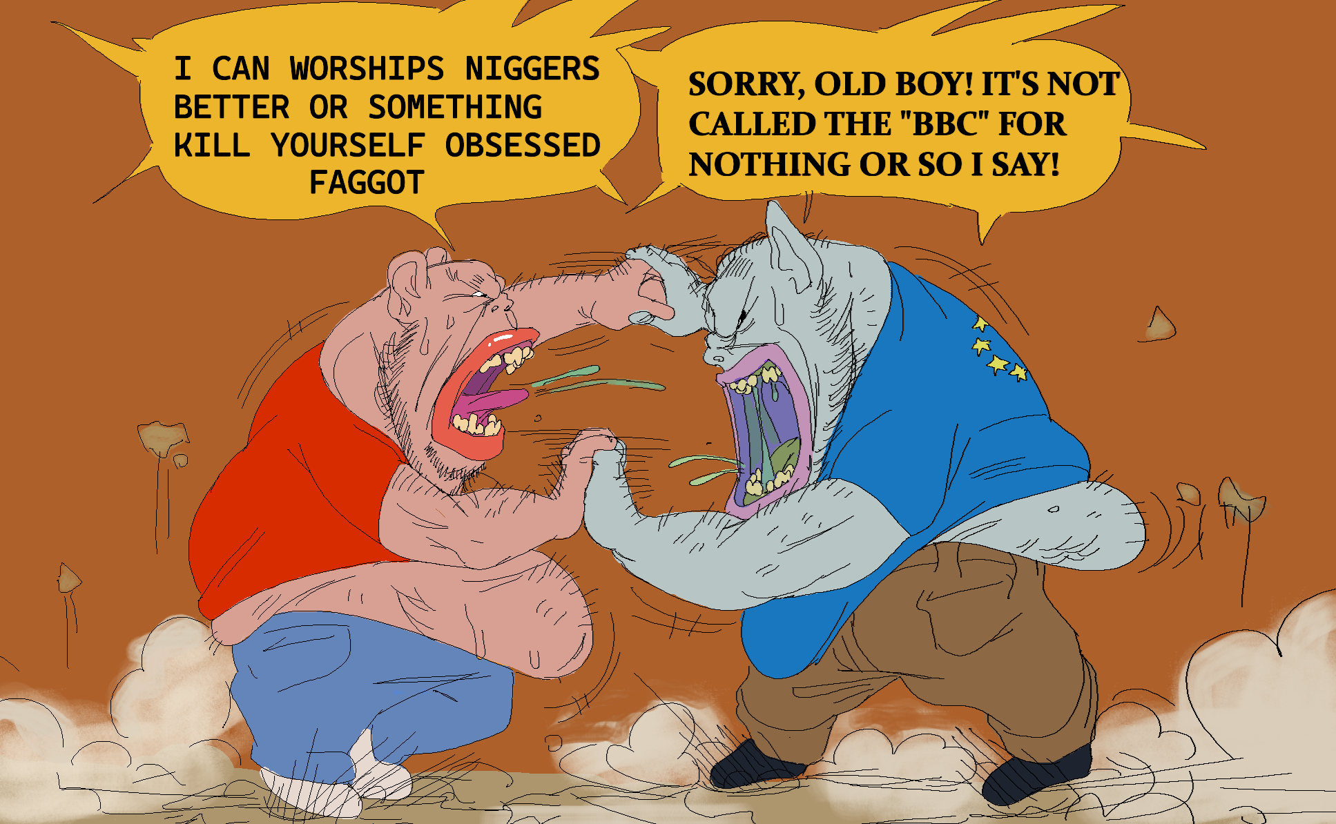 impish soyak ears, impish amerimutt, amerimutt, euromutt, 2soyjaks, angry, arm, belly, black sclera, black shoes