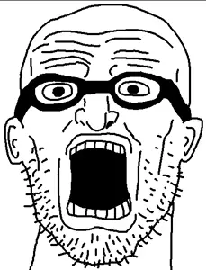 a24 slowburn soyjak, clothes, glasses, looking up, mustache, old, open mouth, soyjak, stubble