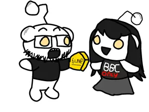 snoojak, antenna, bump, clothes, full body, glasses, gold, hair, holding object, open mouth