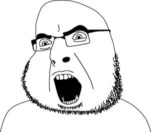cobson, bobson, angry, bushy eyebrows, glasses, looking to the left, open mouth, soyjak, stubble, teeth