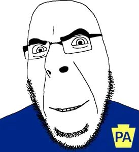 cobson, badge, clothes, glasses, looking at you, pennsylvania, smile, smug, soyjak, stubble