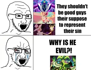cryboy soyjak, soyak, 2soyjaks, bloodshot eyes, crying, glasses, open mouth, stubble, text, helluva boss