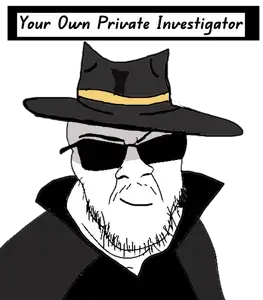 feraljak, cleavage, closed mouth, detective, glasses, personal army, smile, stubble, sunglasses, text