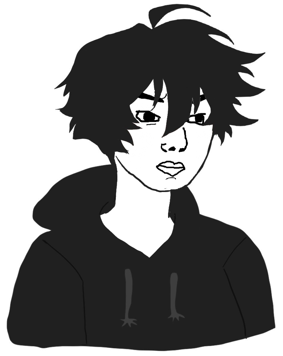 twinkjak, wojak, chudjak, big lips, black hood, bushy eyebrows, closed mouth, dark hair, femboy, hair