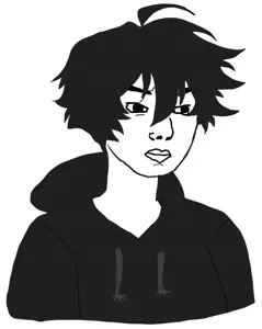 twinkjak, wojak, chudjak, big lips, black hood, bushy eyebrows, closed mouth, dark hair, femboy, hair