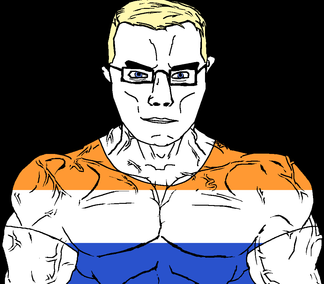 chudjak, chudjak front, muscular chud, blonde hair, blue eyes, buff, closed mouth, dutch, flag, glasses